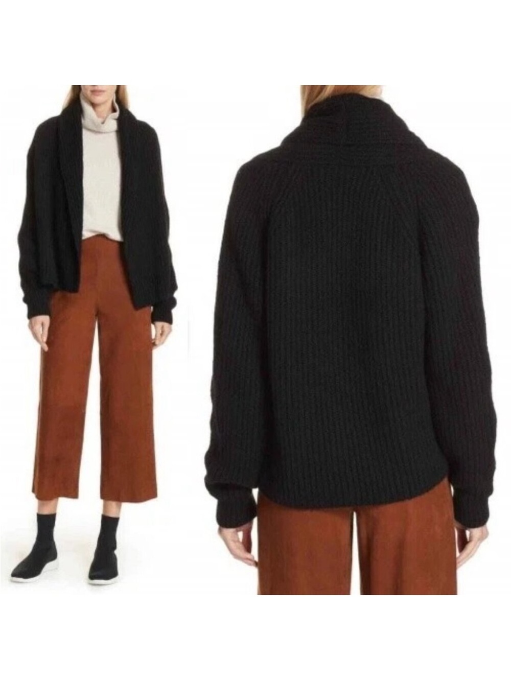 Vince Oversize Shawl Collar Soft Plush-Wool-Blend Rib Knit Cardigan Black S $465